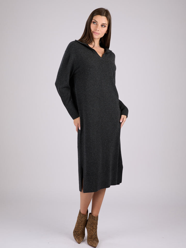 Long-sleeve cashmere knit polo dress #CHARCOAL