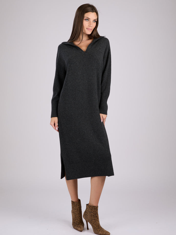 Long-sleeve cashmere knit polo dress #CHARCOAL