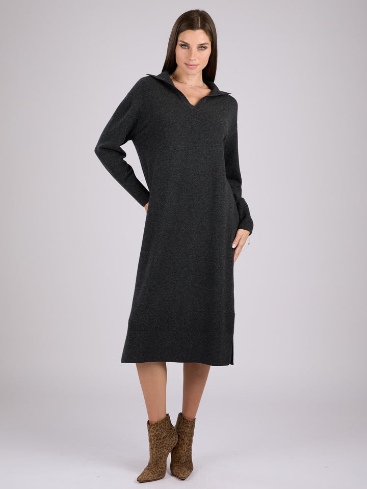 Long-sleeve cashmere knit polo dress #CHARCOAL