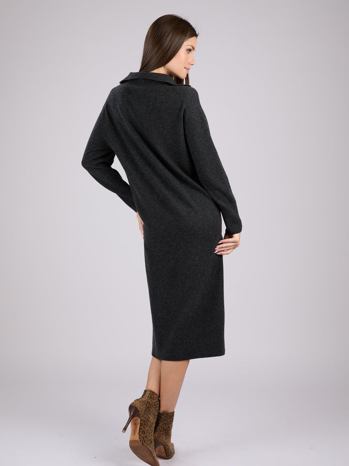 Long-sleeve cashmere knit polo dress #CHARCOAL