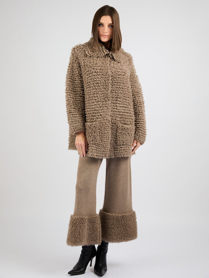 Modern Coat Knitted in Cashmere with a textured fur effect #FAWN
