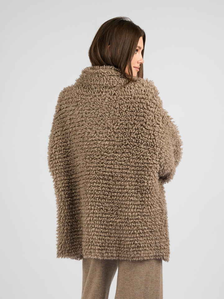 Modern Coat Knitted in Cashmere with a textured fur effect #FAWN