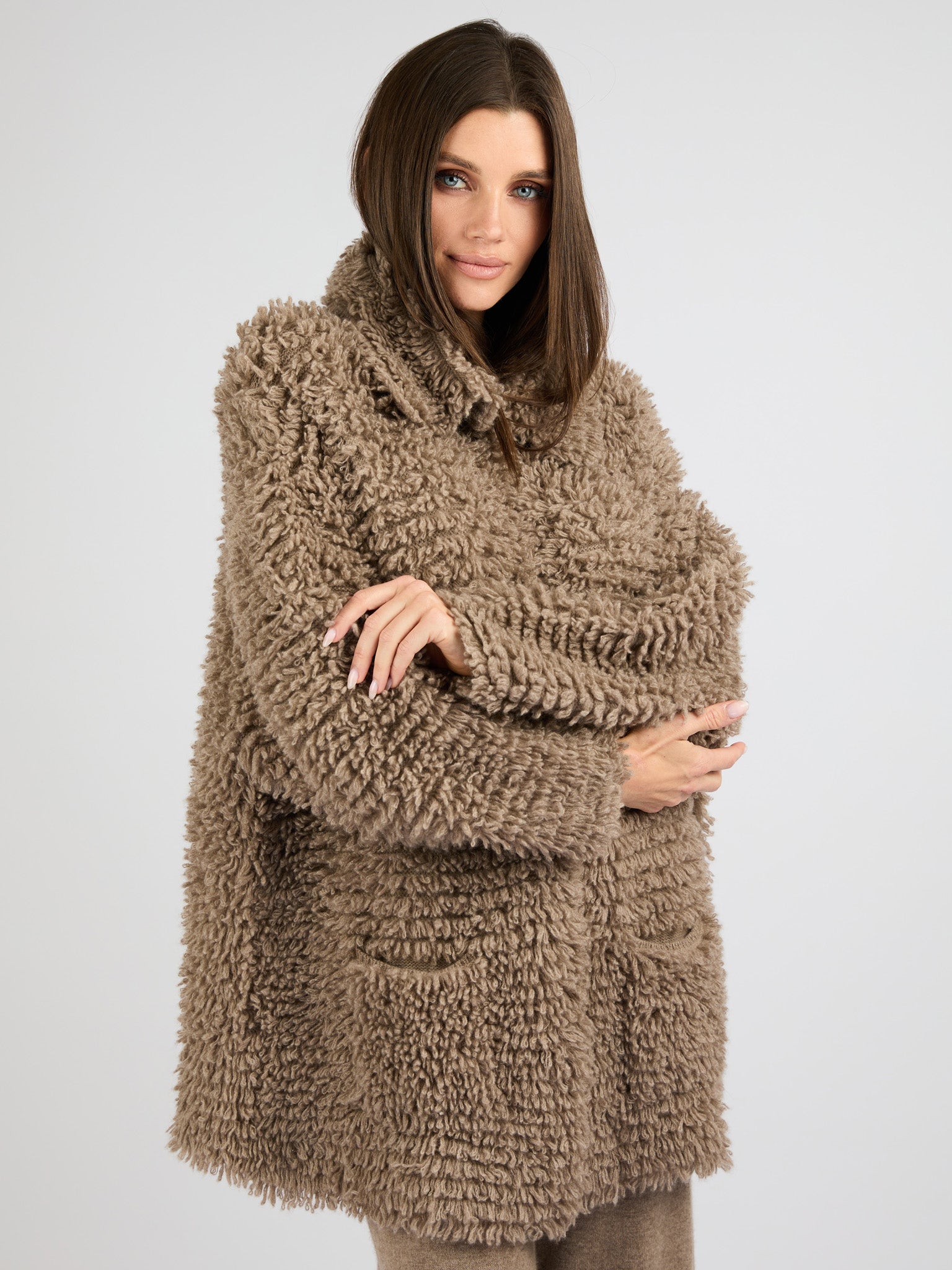 Modern Coat Knitted in Cashmere with a textured fur effect