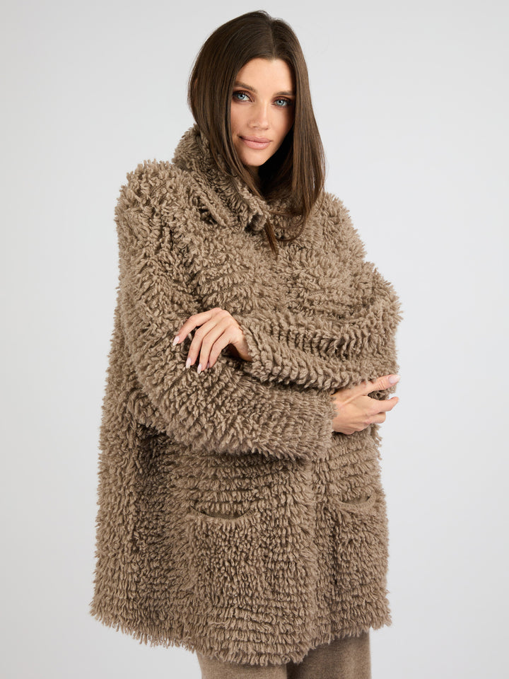 Modern Coat Knitted in Cashmere with a textured fur effect #FAWN