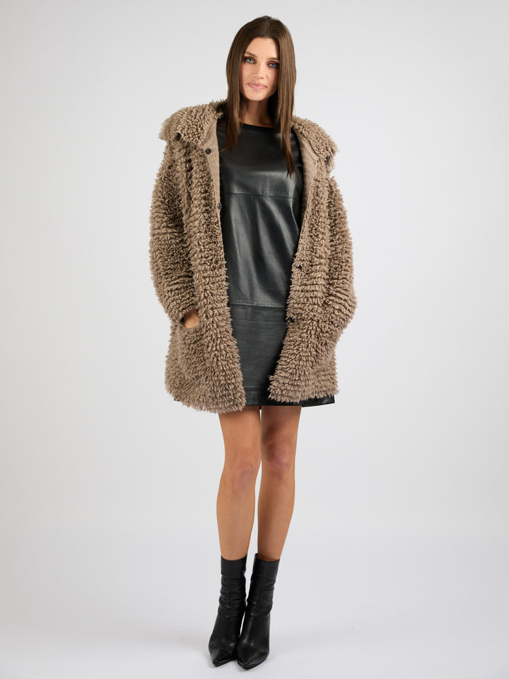 Modern Coat Knitted in Cashmere with a textured fur effect #FAWN