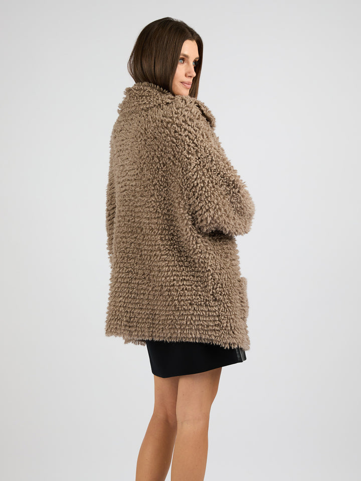 Modern Coat Knitted in Cashmere with a textured fur effect #FAWN