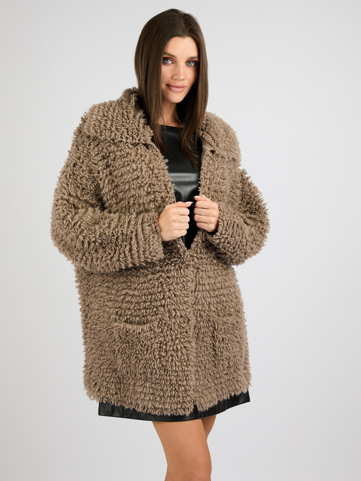 Modern Coat Knitted in Cashmere with a textured fur effect #FAWN