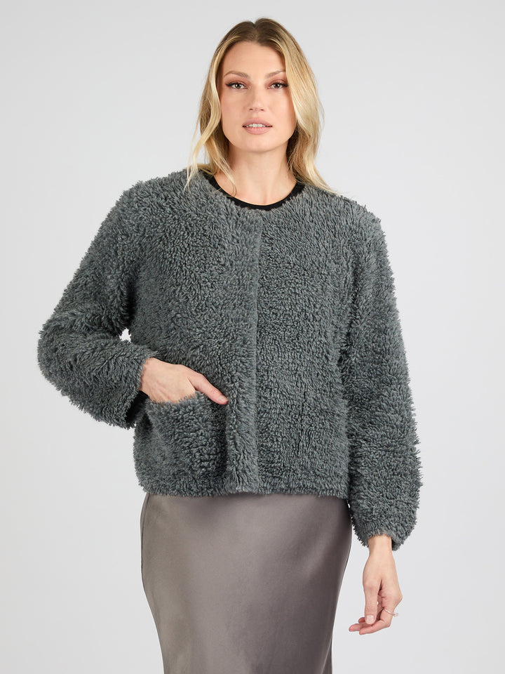 Classic Cashmere Cardigan with a Textured Fur Effect #SMOKE