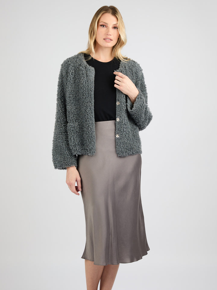 Classic Cashmere Cardigan with a Textured Fur Effect #SMOKE