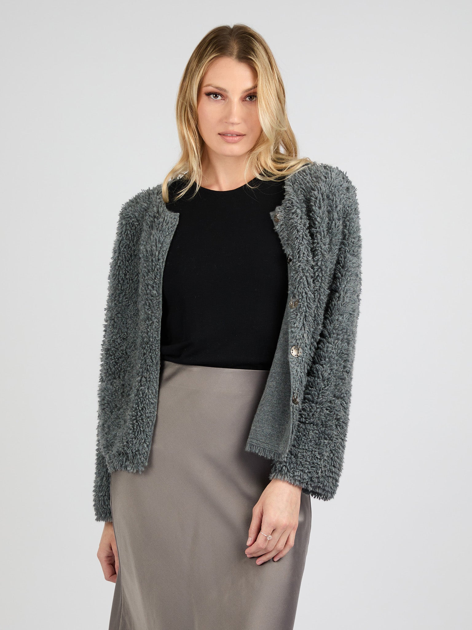 Classic Cashmere Cardigan with a Textured Fur Effect