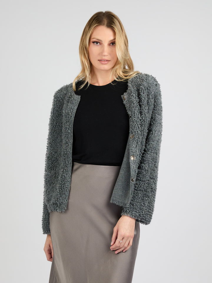 Classic Cashmere Cardigan with a Textured Fur Effect #SMOKE