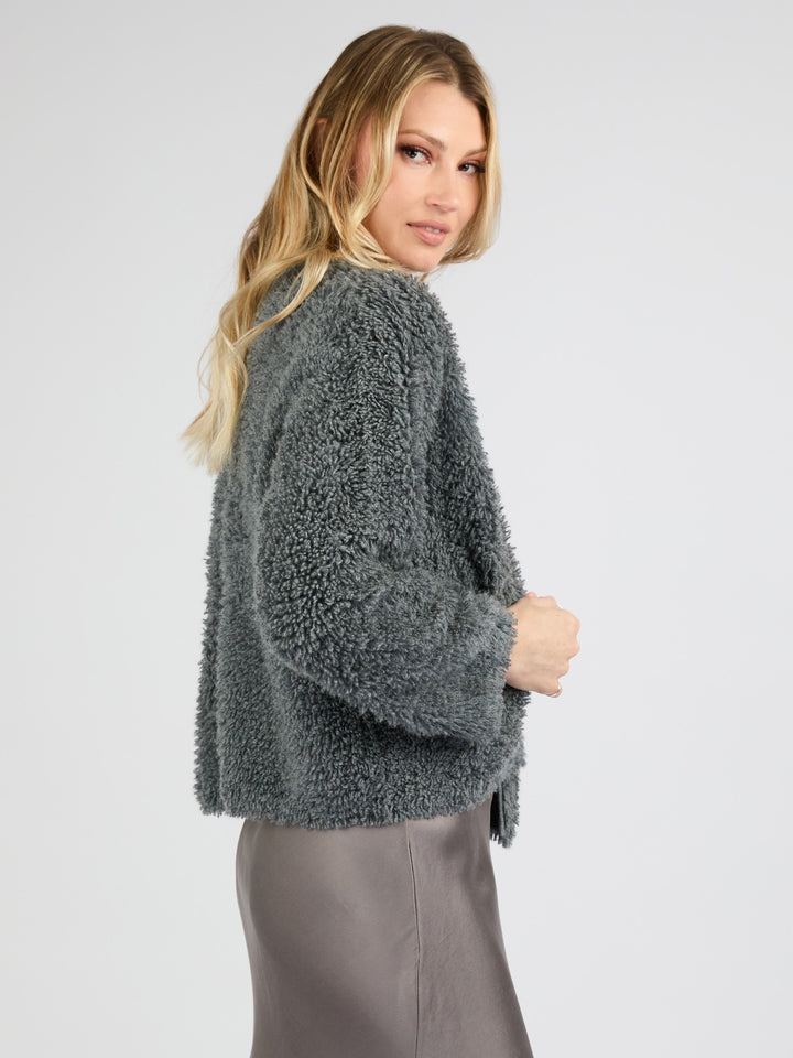 Classic Cashmere Cardigan with a Textured Fur Effect #SMOKE