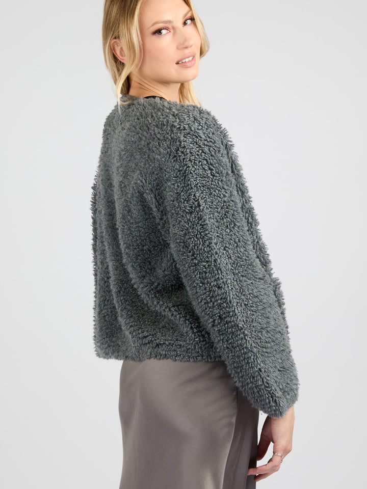 Classic Cashmere Cardigan with a Textured Fur Effect #SMOKE