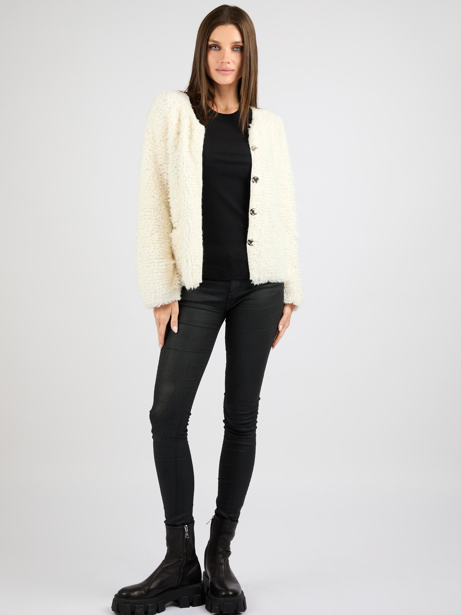 Classic Cashmere Cardigan with a Textured Fur Effect