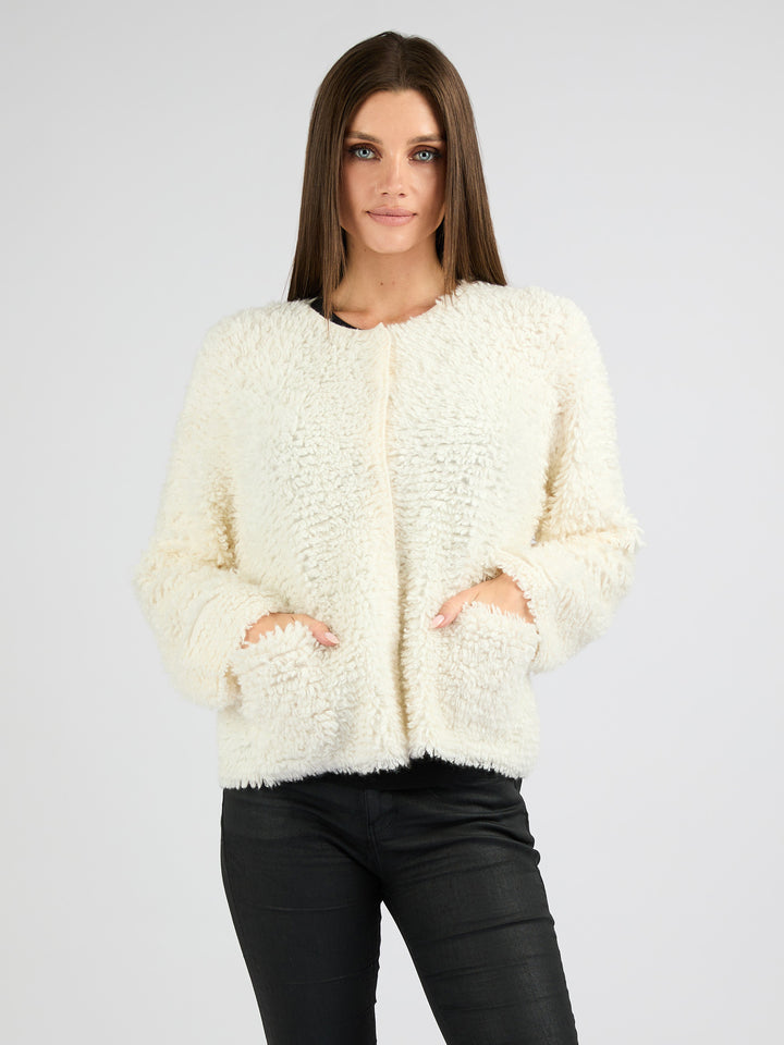 Classic Cashmere Cardigan with a Textured Fur Effect #PEARL 