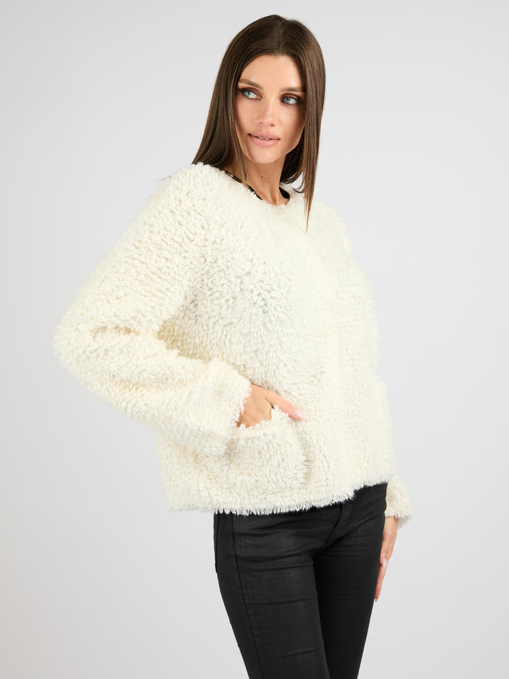 Classic Cashmere Cardigan with a Textured Fur Effect #PEARL
