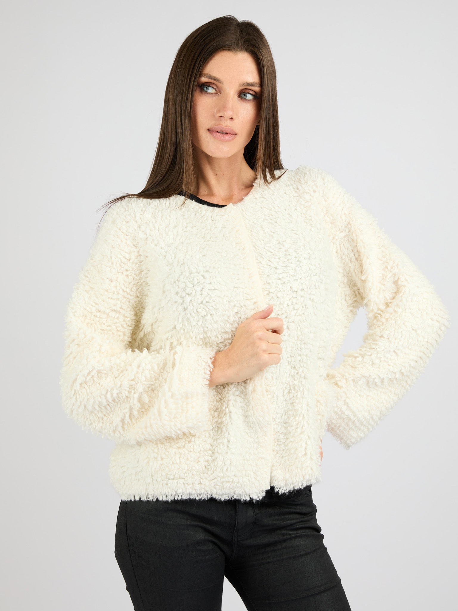 Classic Cashmere Cardigan with a Textured Fur Effect
