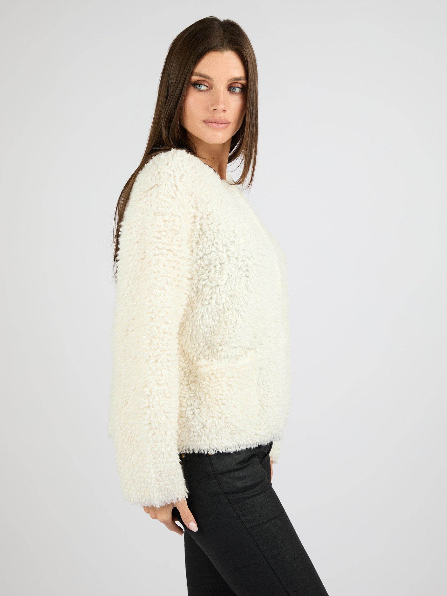 Classic Cashmere Cardigan with a Textured Fur Effect