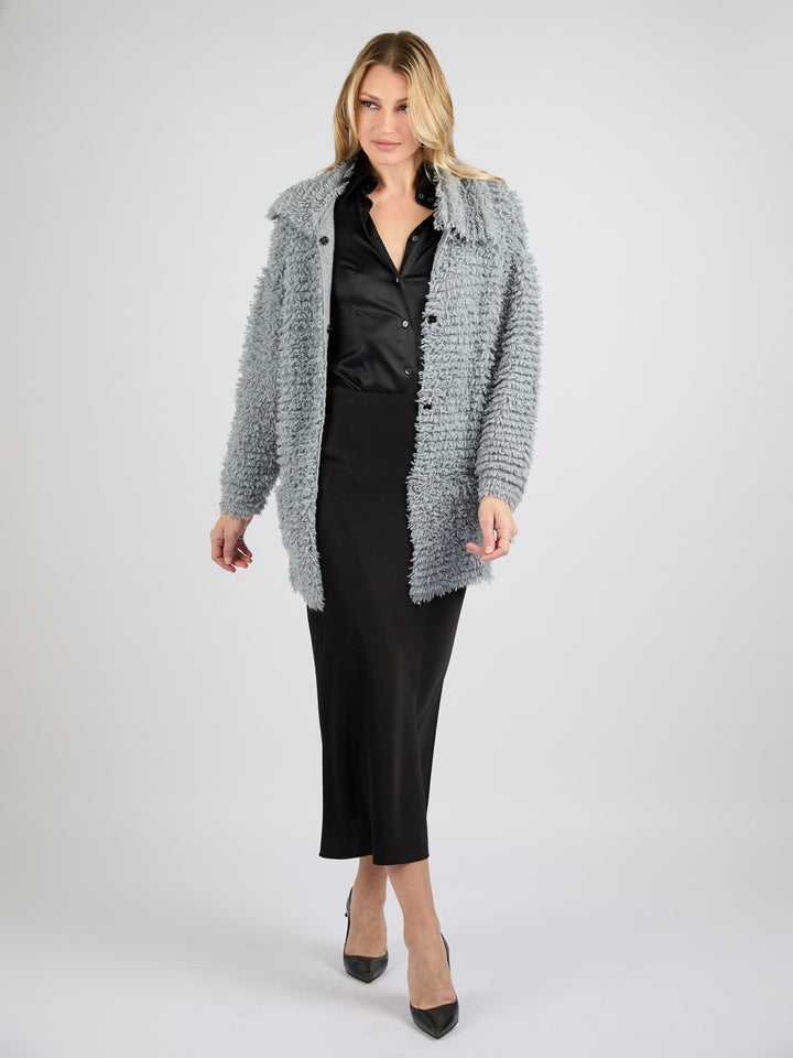 Modern Coat Knitted in Cashmere with a textured fur effect #SOFT GREY