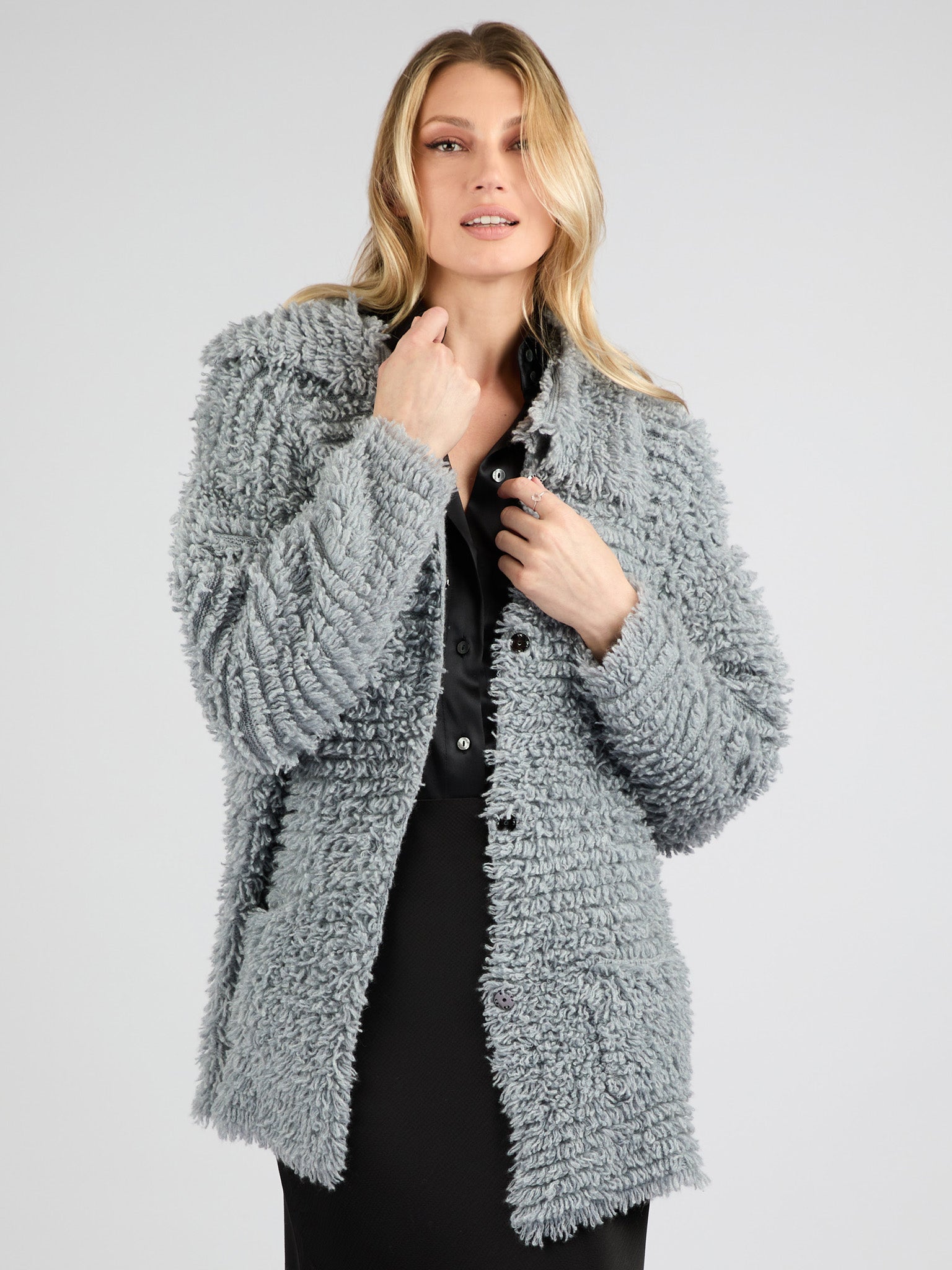 Modern Coat Knitted in Cashmere with a textured fur effect