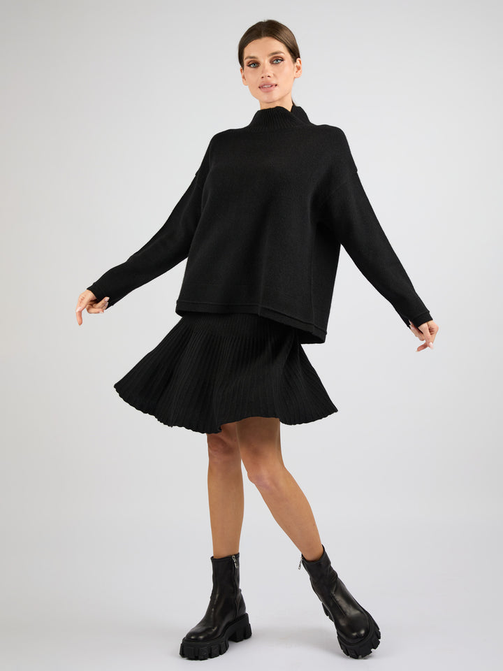 Cashmere Short A-Line Ribbed Skirt #BLACK