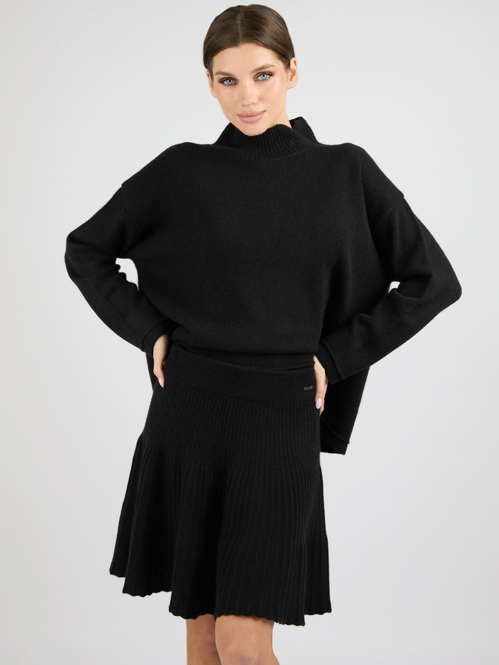 Cashmere Short A-Line Ribbed Skirt #BLACK