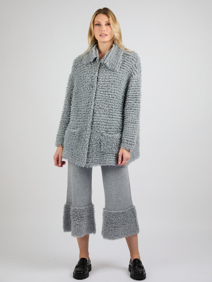 Modern Coat Knitted in Cashmere with a textured fur effect #SOFT GREY