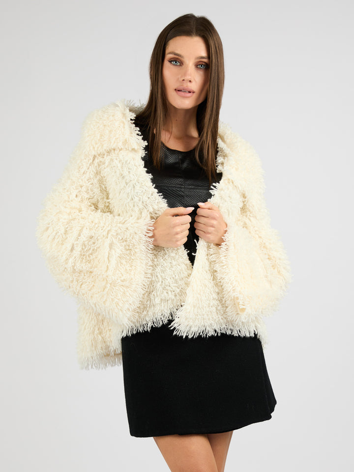 Cropped Cashmere Coat with Camp Collar and Textured Fur Effect #PEARL