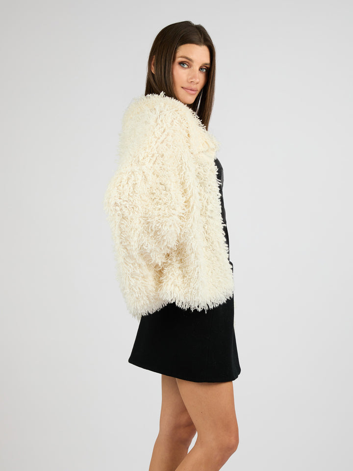 Cropped Cashmere Coat with Camp Collar and Textured Fur Effect #PEARL