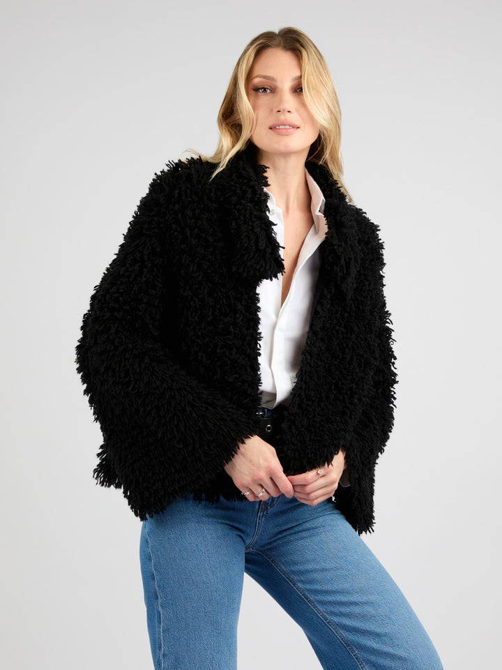 Cropped Cashmere Coat with Camp Collar and Textured Fur Effect #BLACK