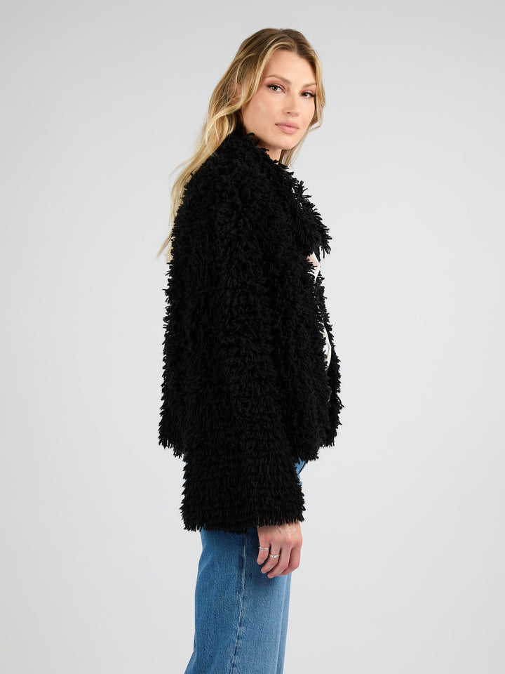 Cropped Cashmere Coat with Camp Collar and Textured Fur Effect #BLACK