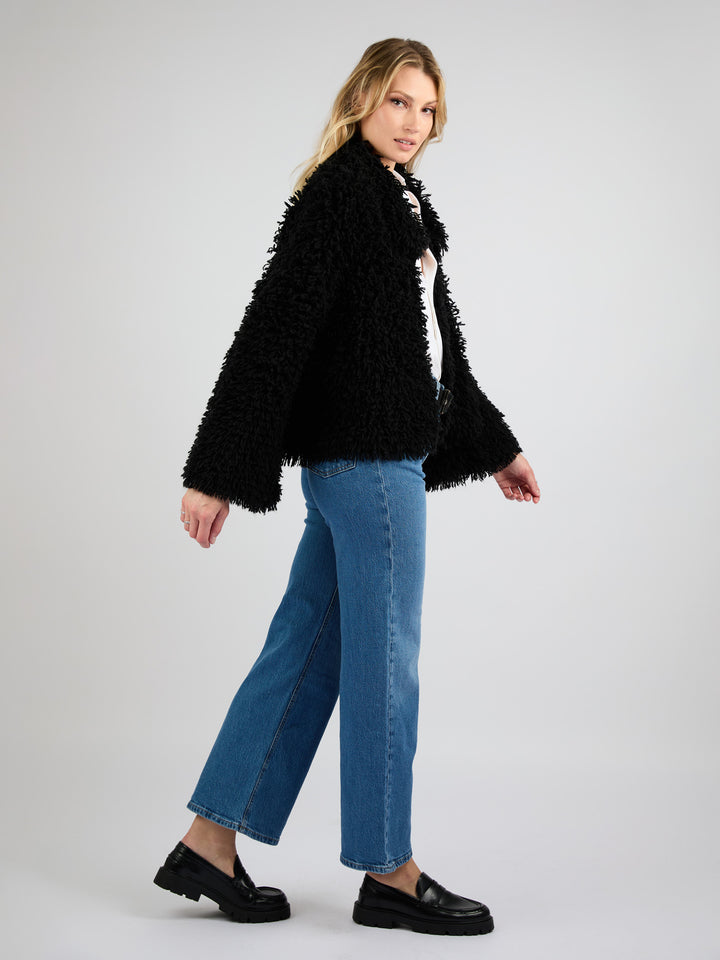 Cropped Cashmere Coat with Camp Collar and Textured Fur Effect #BLACK