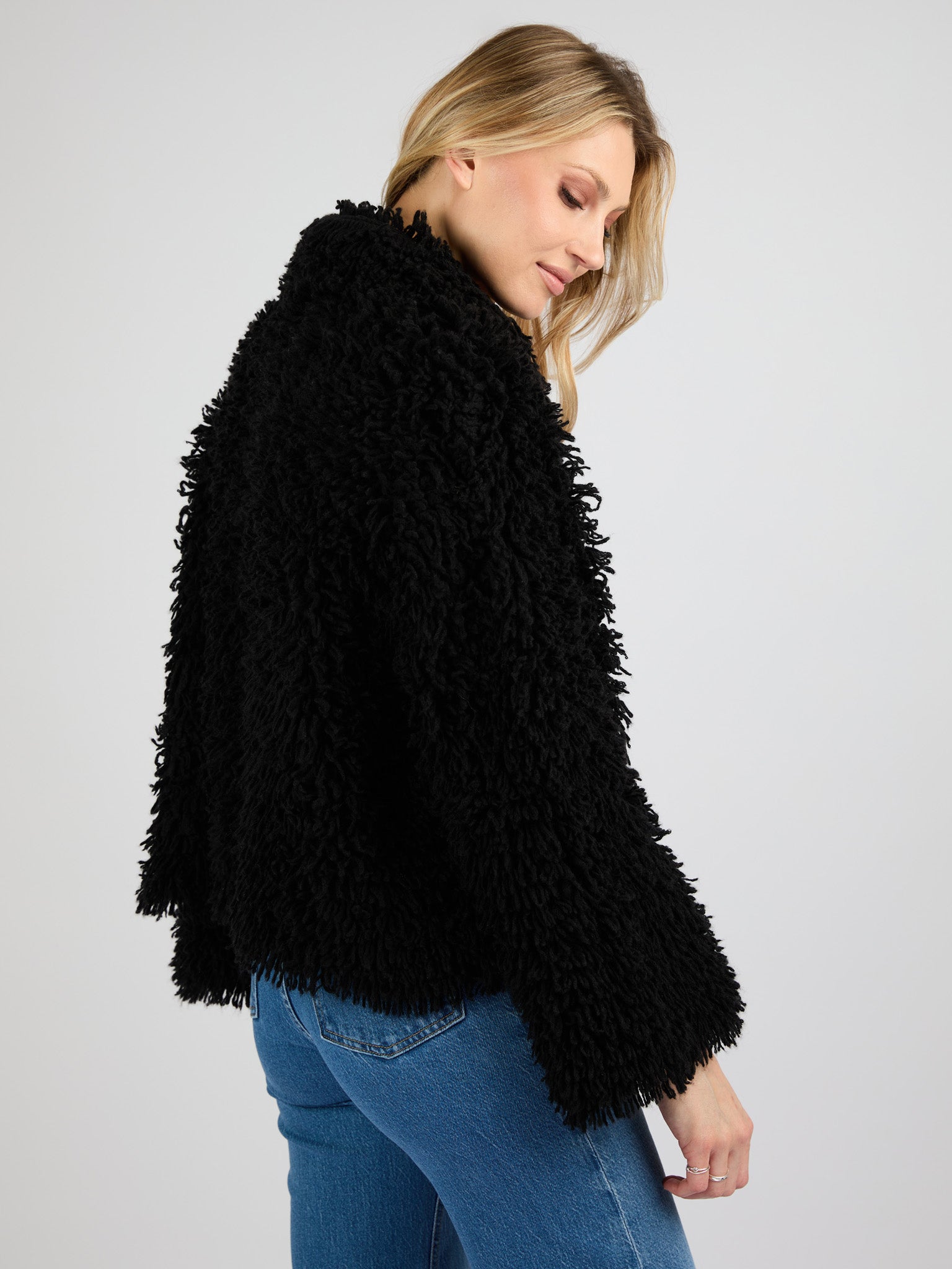 Cropped Cashmere Coat with Camp Collar and Textured Fur Effect