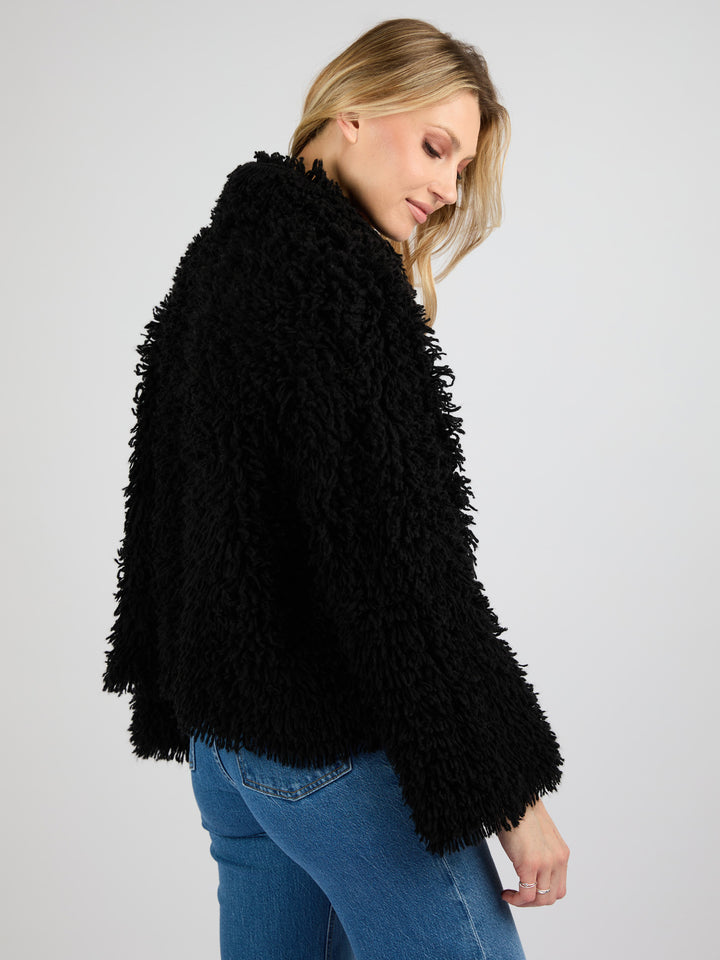 Cropped Cashmere Coat with Camp Collar and Textured Fur Effect #BLACK