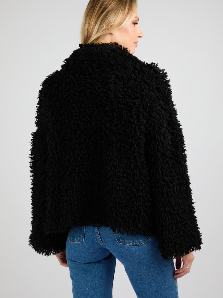 Cropped Cashmere Coat with Camp Collar and Textured Fur Effect #BLACK