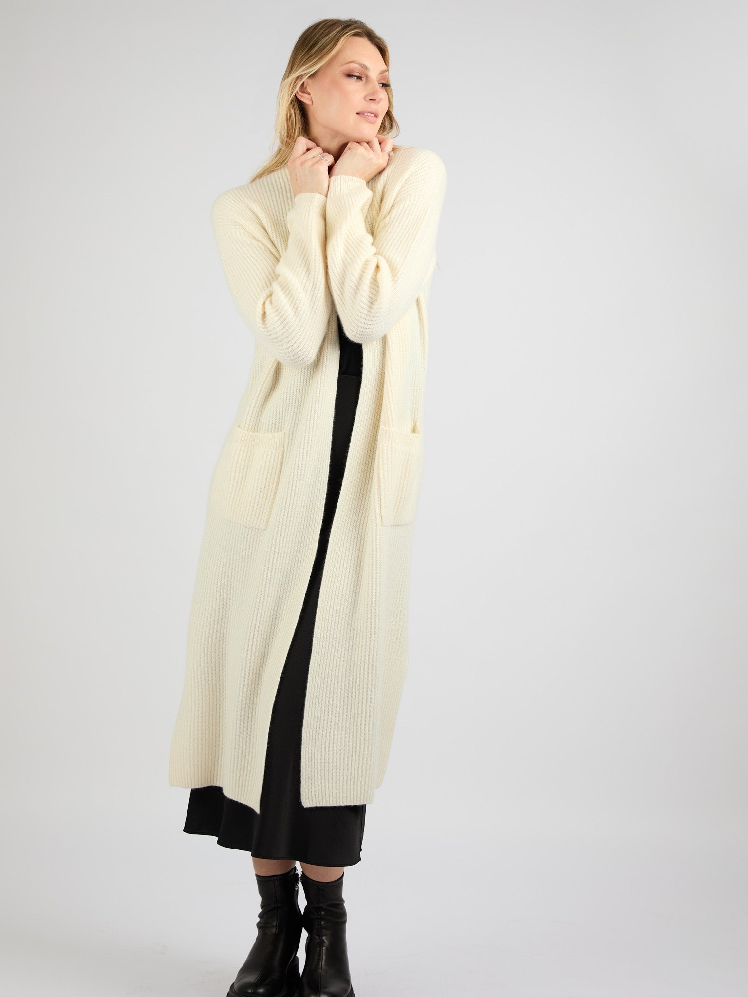 Long Ribbed Cashmere Open Cardigan