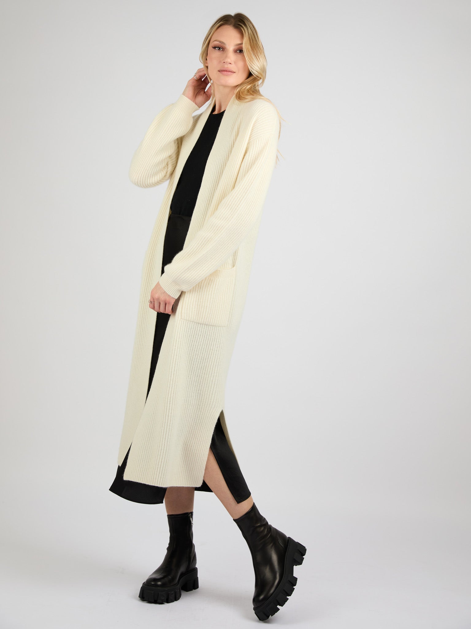 Long Ribbed Cashmere Open Cardigan