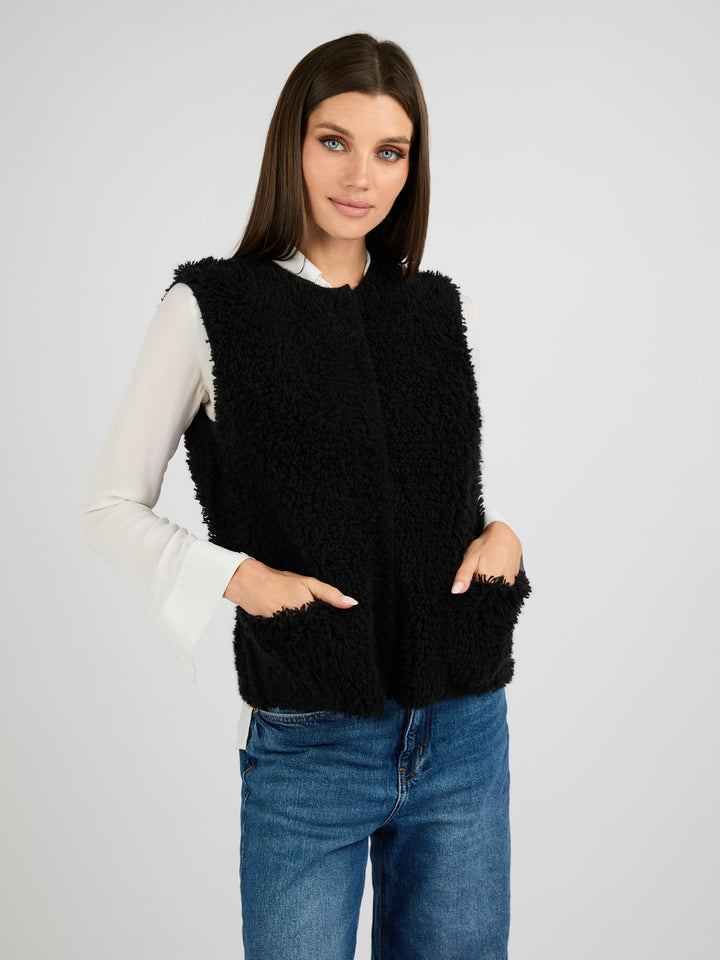 Cashmere Vest with a Textured Fur Effect #BLACK
