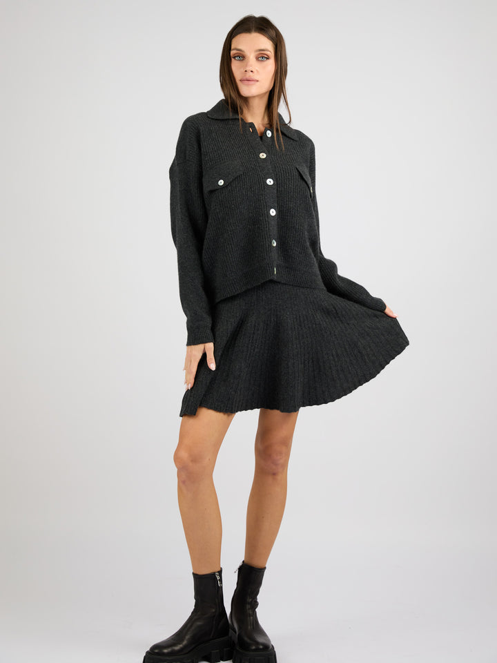 Cashmere Short A-Line Ribbed Skirt #CHARCOAL
