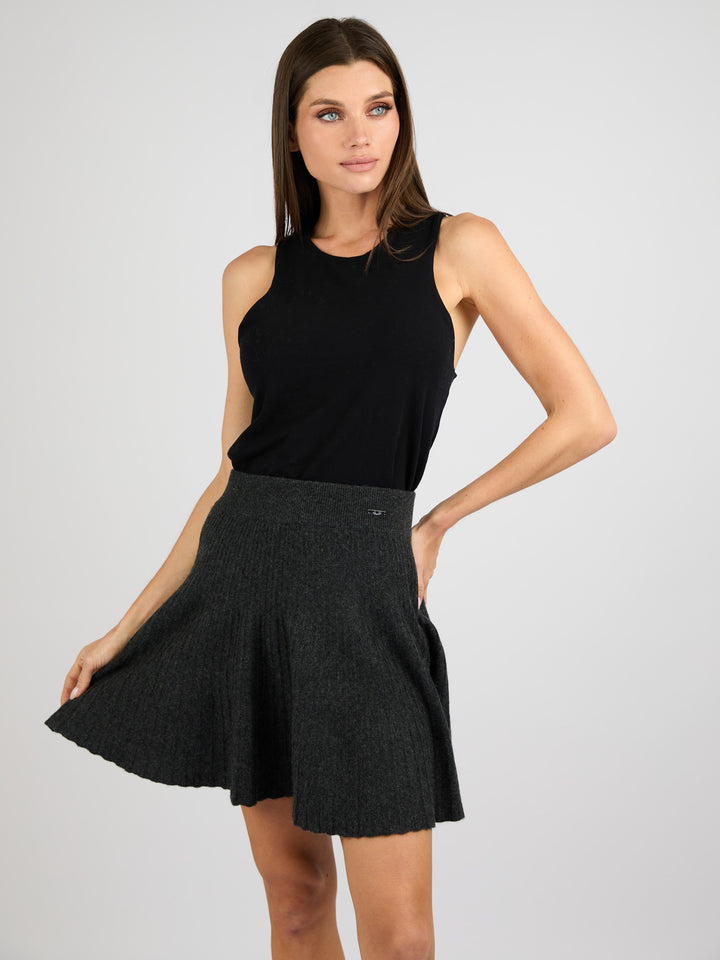 Cashmere Short A-Line Ribbed Skirt #CHARCOAL