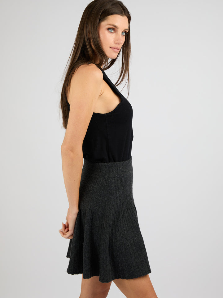 Cashmere Short A-Line Ribbed Skirt #CHARCOAL
