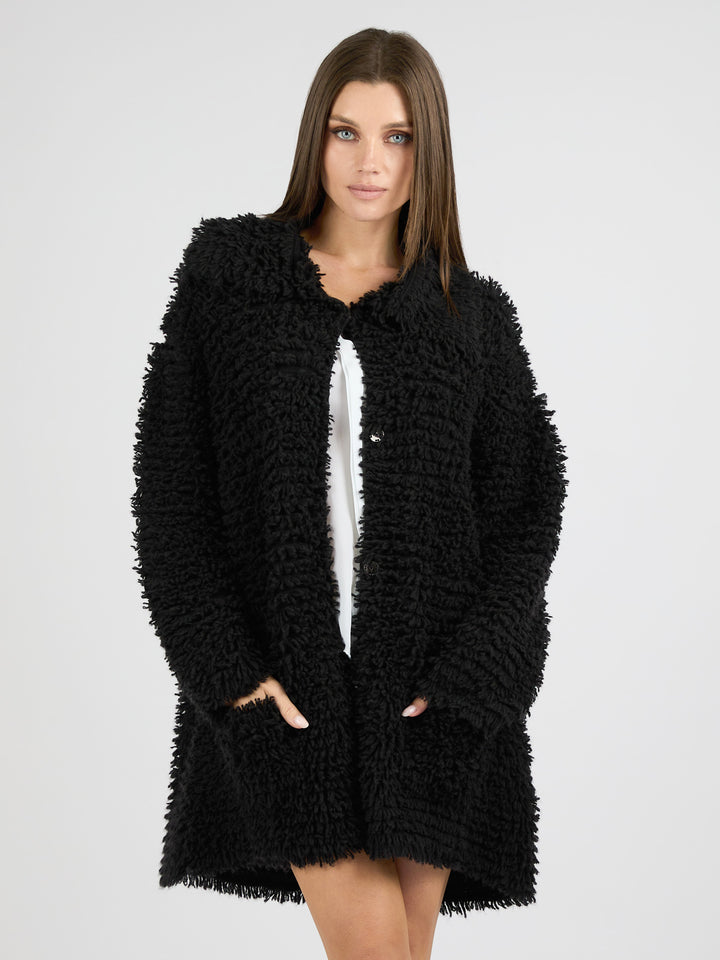 Modern Coat Knitted in Cashmere with a textured fur effect #BLACK