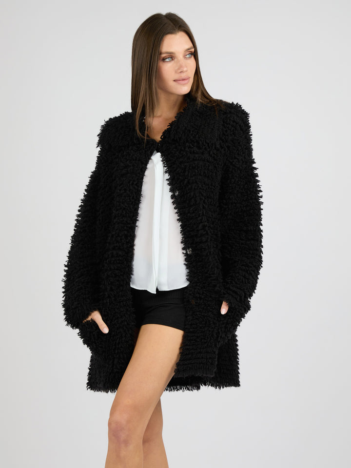 Modern Coat Knitted in Cashmere with a textured fur effect #BLACK
