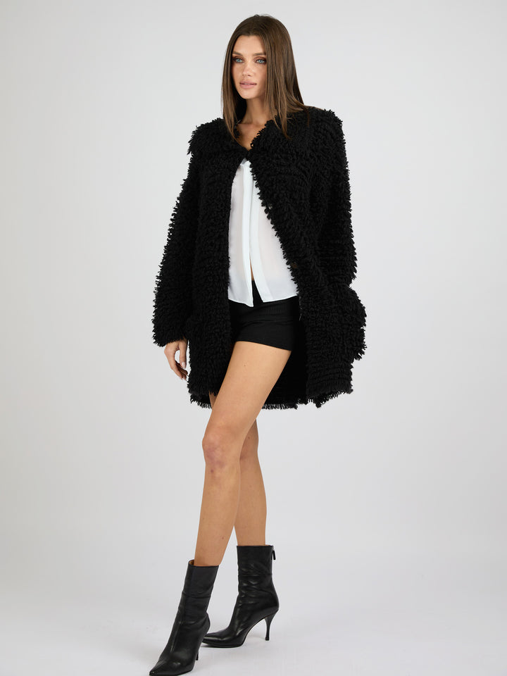 Modern Coat Knitted in Cashmere with a textured fur effect #BLACK