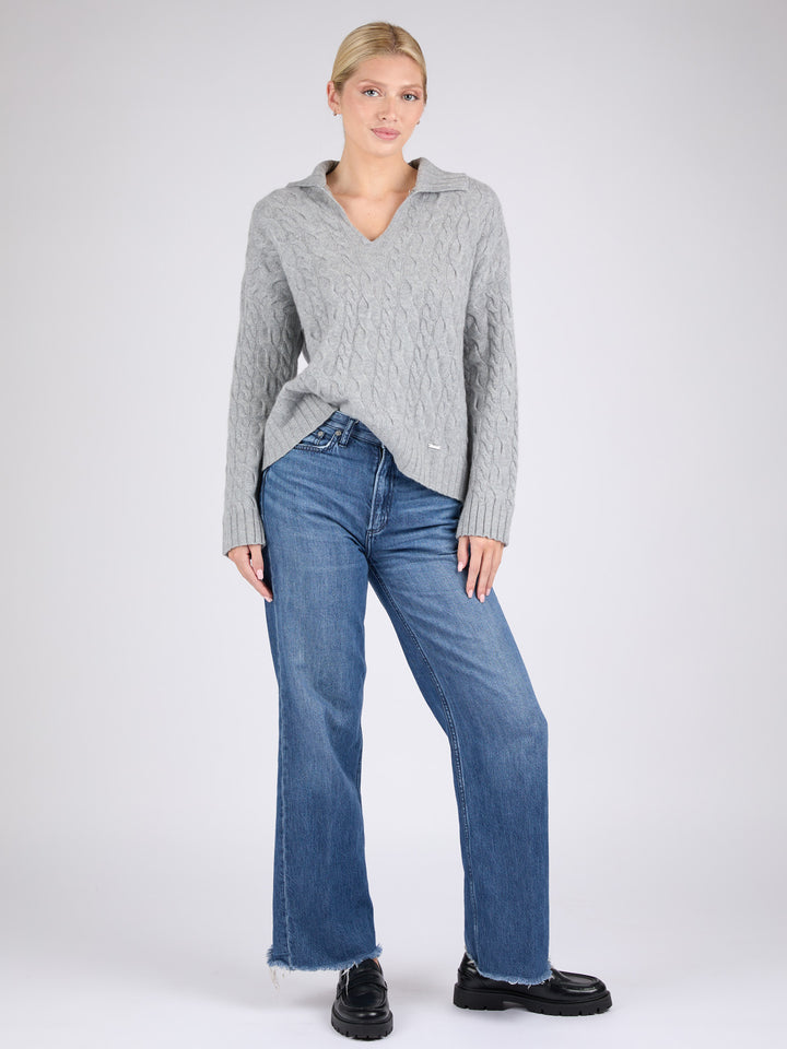 Women Cable knit Cashmere Sweater #SOFT GREY