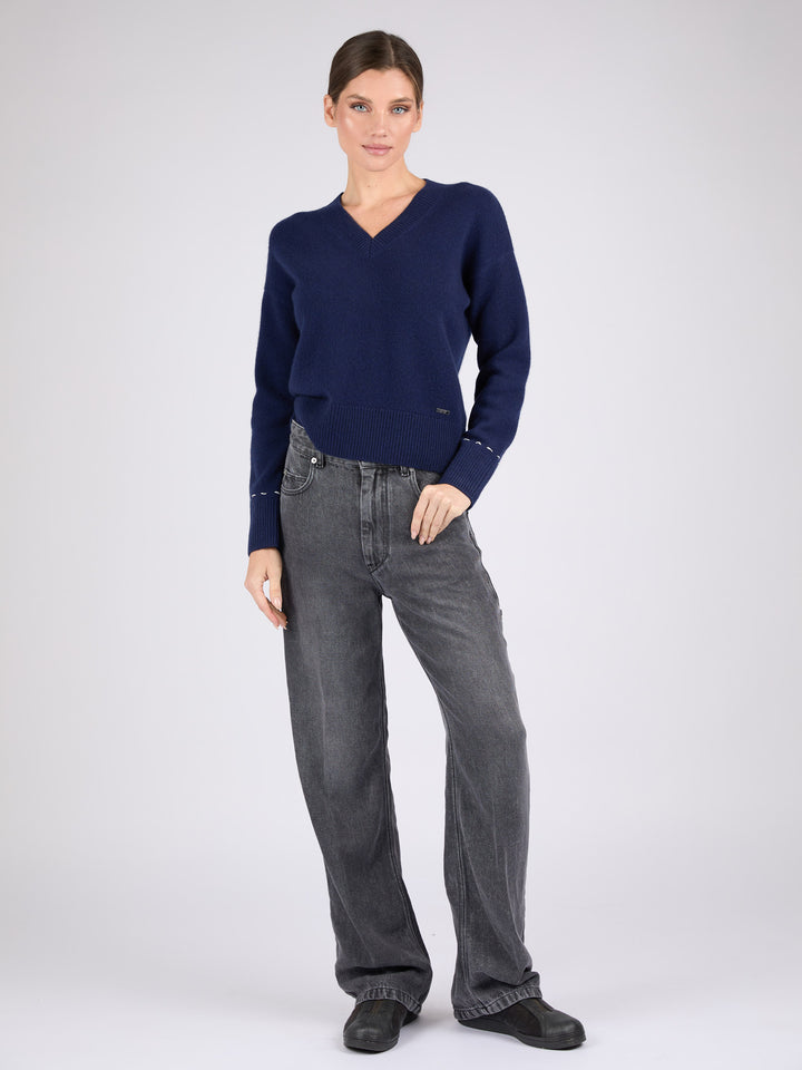 Women V-Neck Cashmere Sweater with Hand stitched detail on the back #BLUE