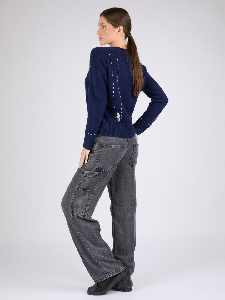 Women V-Neck Cashmere Sweater with Hand stitched detail on the back #BLUE