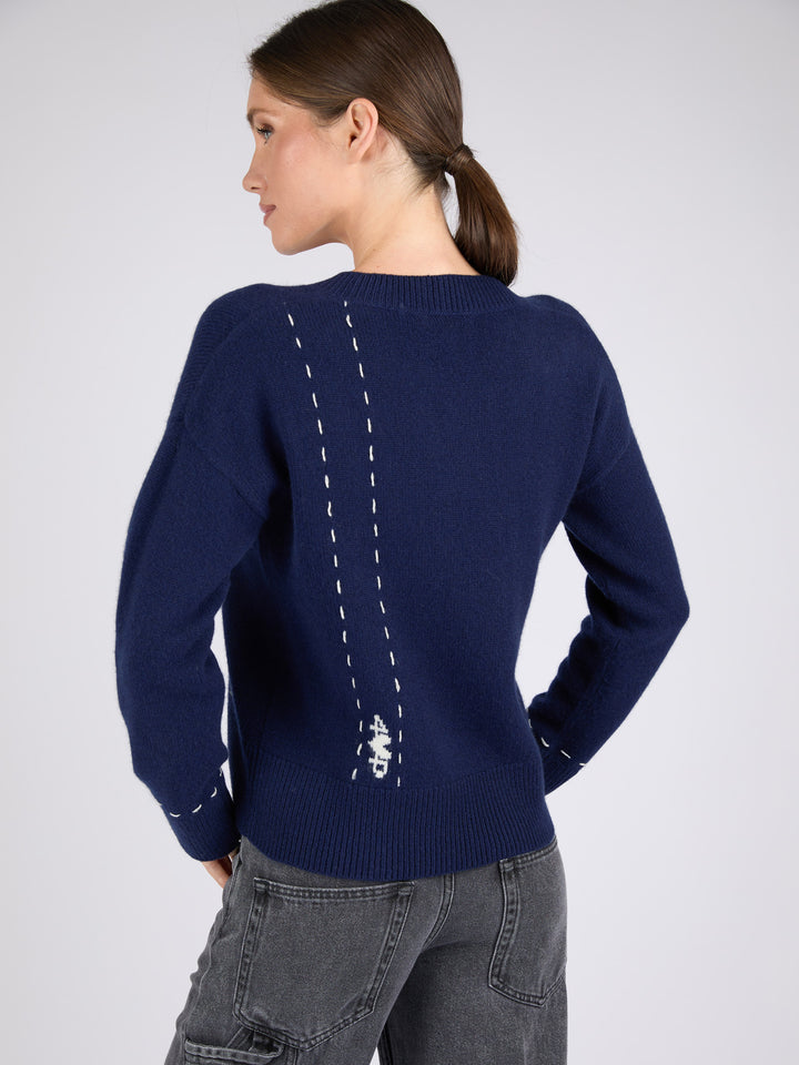 Women V-Neck Cashmere Sweater with Hand stitched detail on the back #BLUE