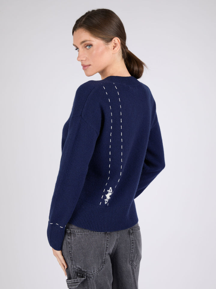 Women V-Neck Cashmere Sweater with Hand stitched detail on the back #BLUE