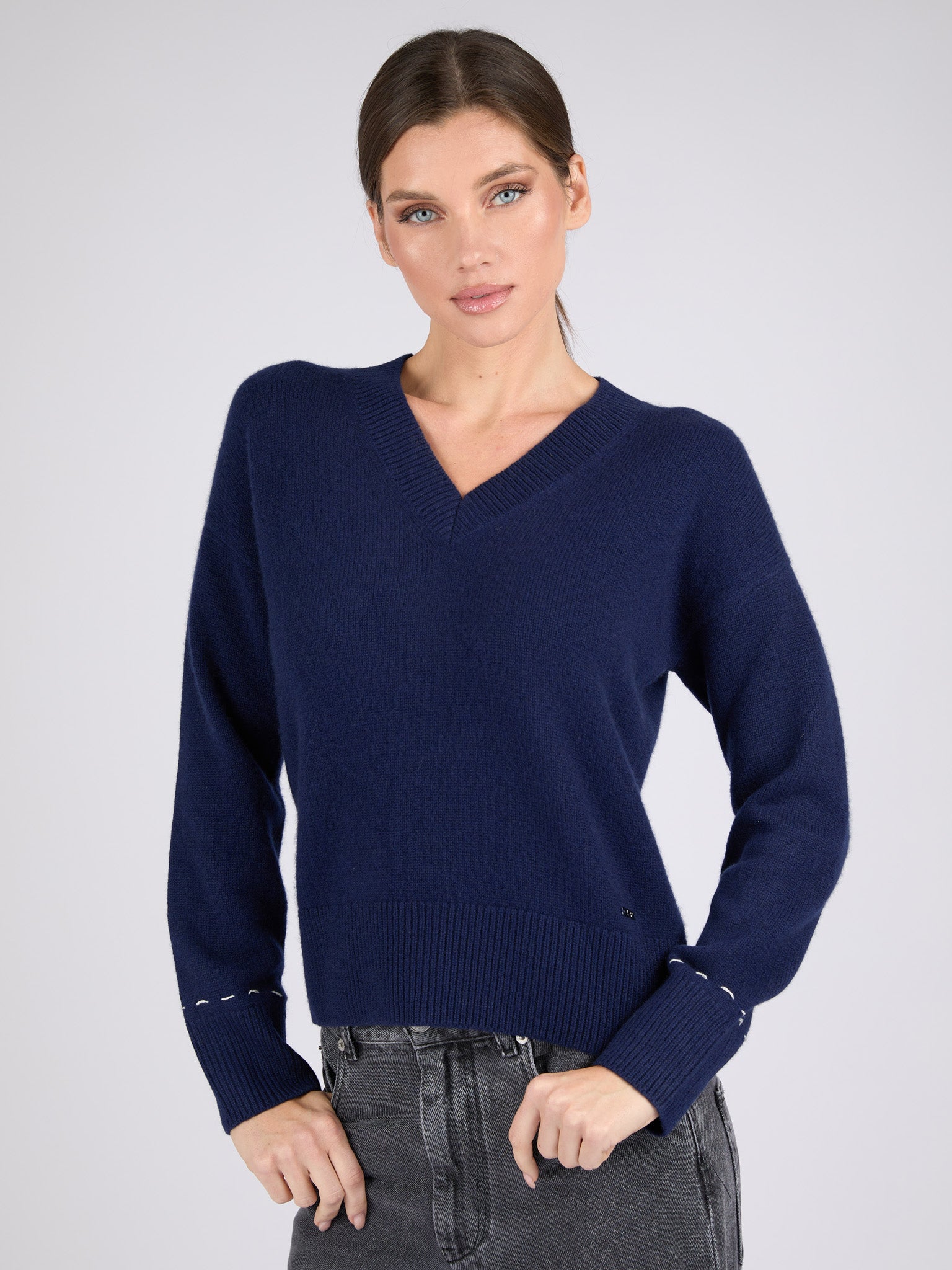 Women V-Neck Cashmere Sweater with Hand stitched detail on the back